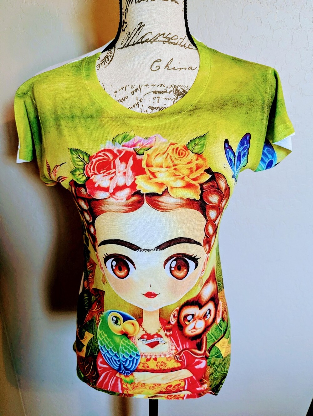 Frida Kahlo Anime Style With Monkey Lime Green Size Small